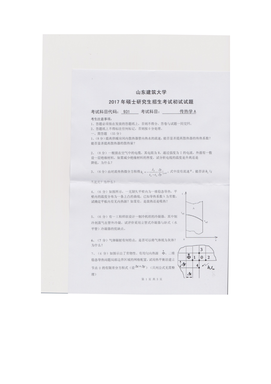 2017年山东建筑大学考研专业课试题931传热学A.doc_第1页