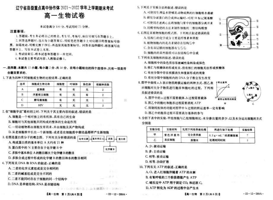 辽宁省县级重点高中协作体2021-2022学年高一上学期期末考试生物试题.pdf_第1页