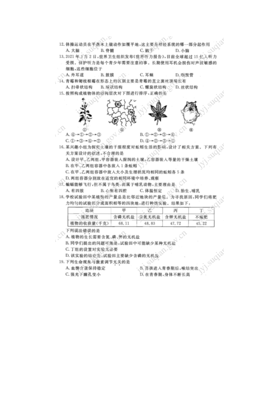 2021年江苏省宿迁市中考生物真题及答案.doc_第2页