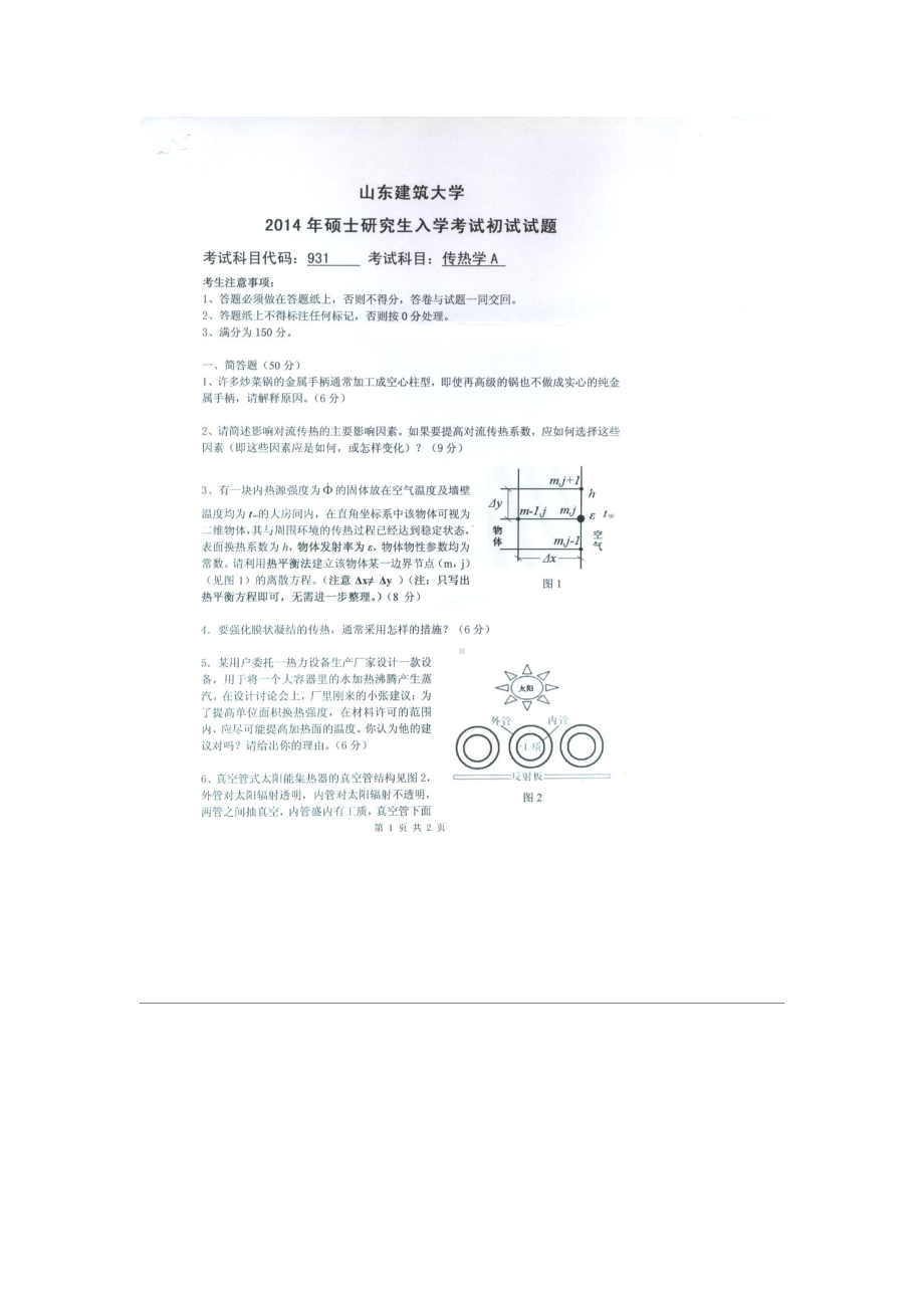 2014年山东建筑大学考研专业课试题931传热学A.doc_第1页