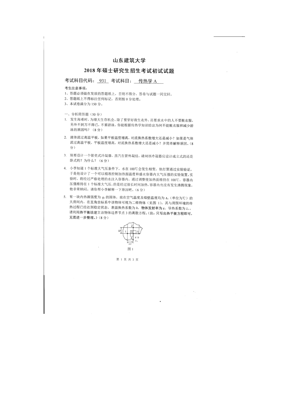 2018年山东建筑大学考研专业课试题931传热学A.doc_第1页