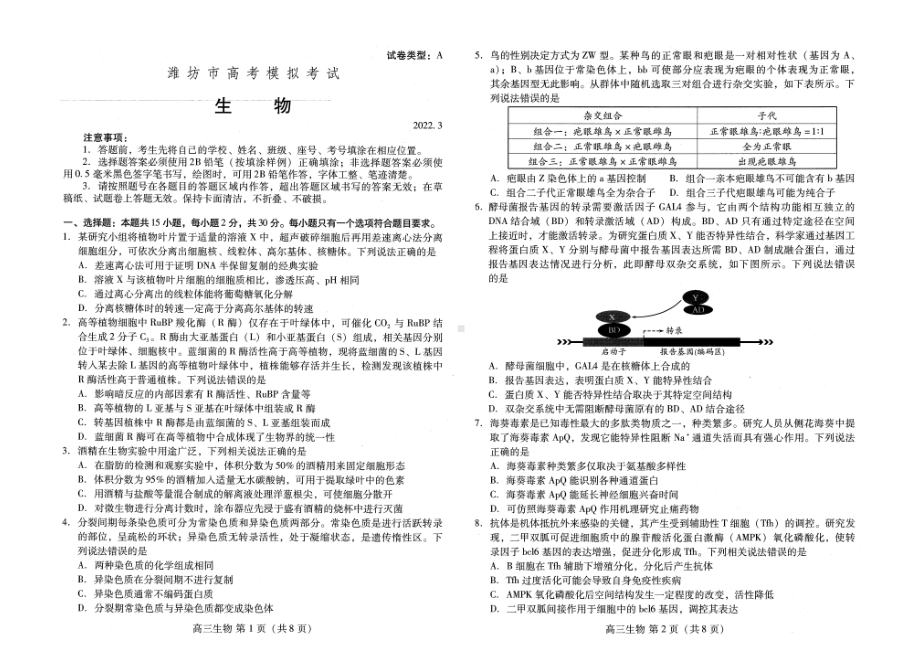 2022届山东省潍坊市3月高三一模统考生物试题.pdf_第1页