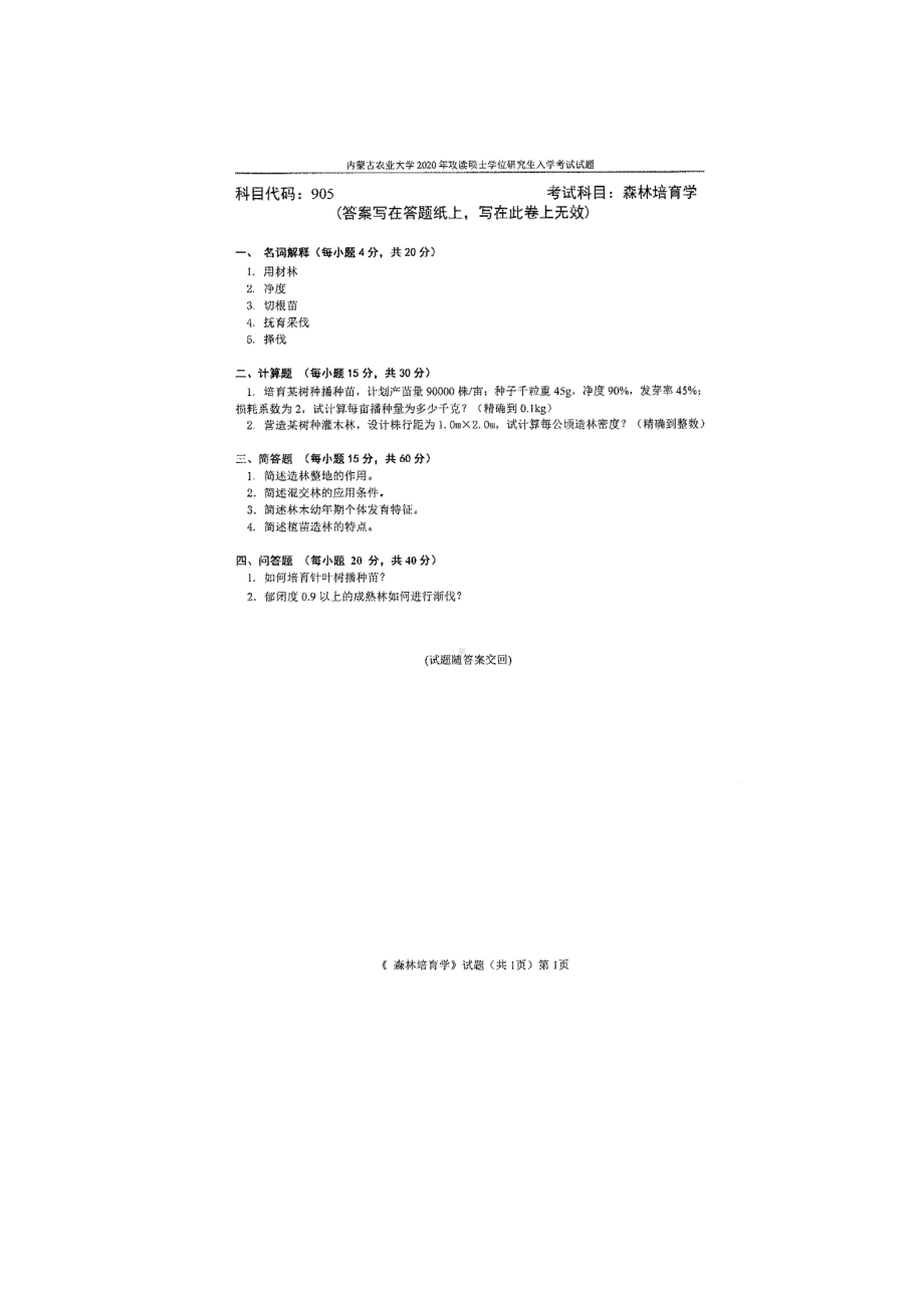 2020年内蒙古农业大学考研专业课试题905森林培育学.docx_第1页