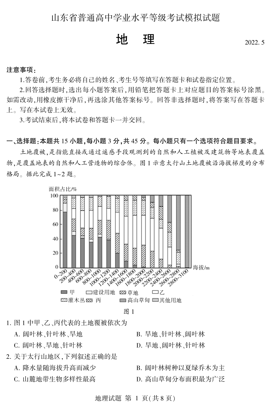 2022届山东省临沂市高考三模考试地理试题(含答案).pdf_第1页