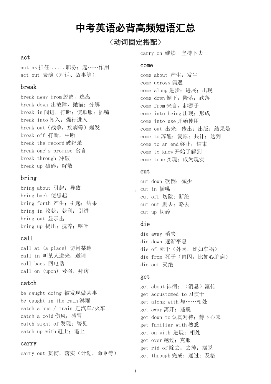 初中英语中考必背高频短语汇总（30组动词固定搭配和17组介词短语）.doc_第1页