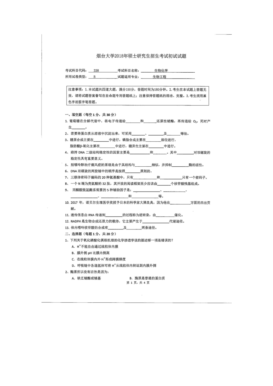 2018年烟台大学考研专业课试题338生物化学.docx_第1页