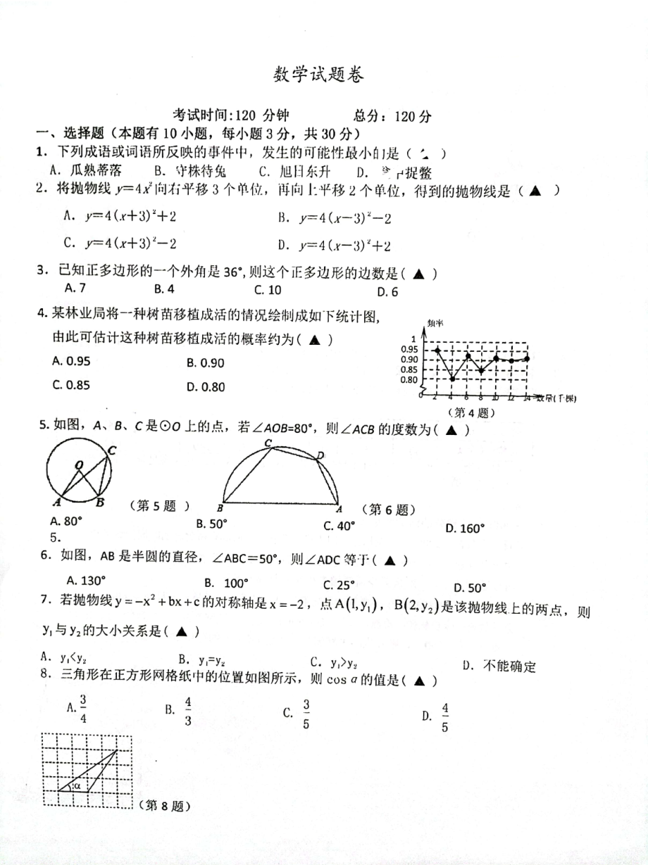 浙江省丽水市庆元县第二2021-2022学年九年级下学期 数学开学检测试题 .pdf_第1页