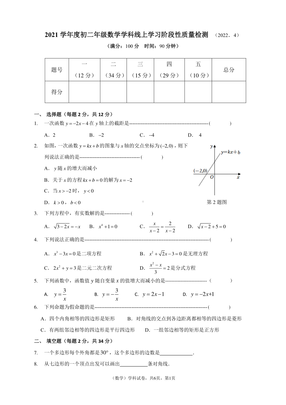 上海市复旦大学第二附属2021-2022学年八年级下学期期中考试数学试题.pdf_第1页