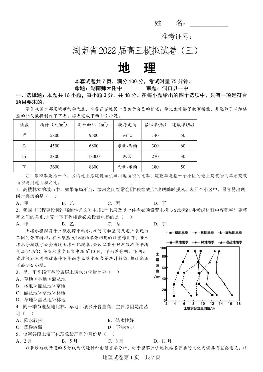 2022届湖南省高三模拟试卷（三）地理试卷.pdf_第1页