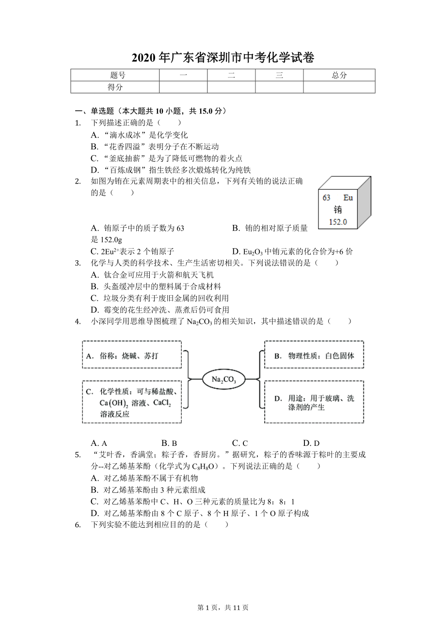 2020年广东省深圳市中考化学试卷.doc_第1页