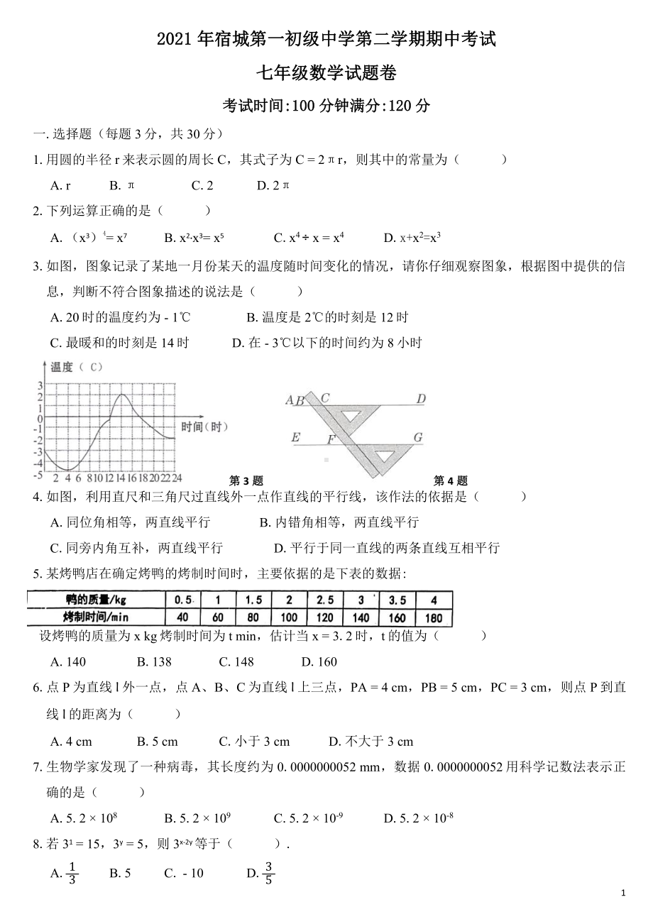 安徽省宿州市埇桥区宿城第一初级2020-2021学年七年级下学期期中考试数学试题.pdf_第1页