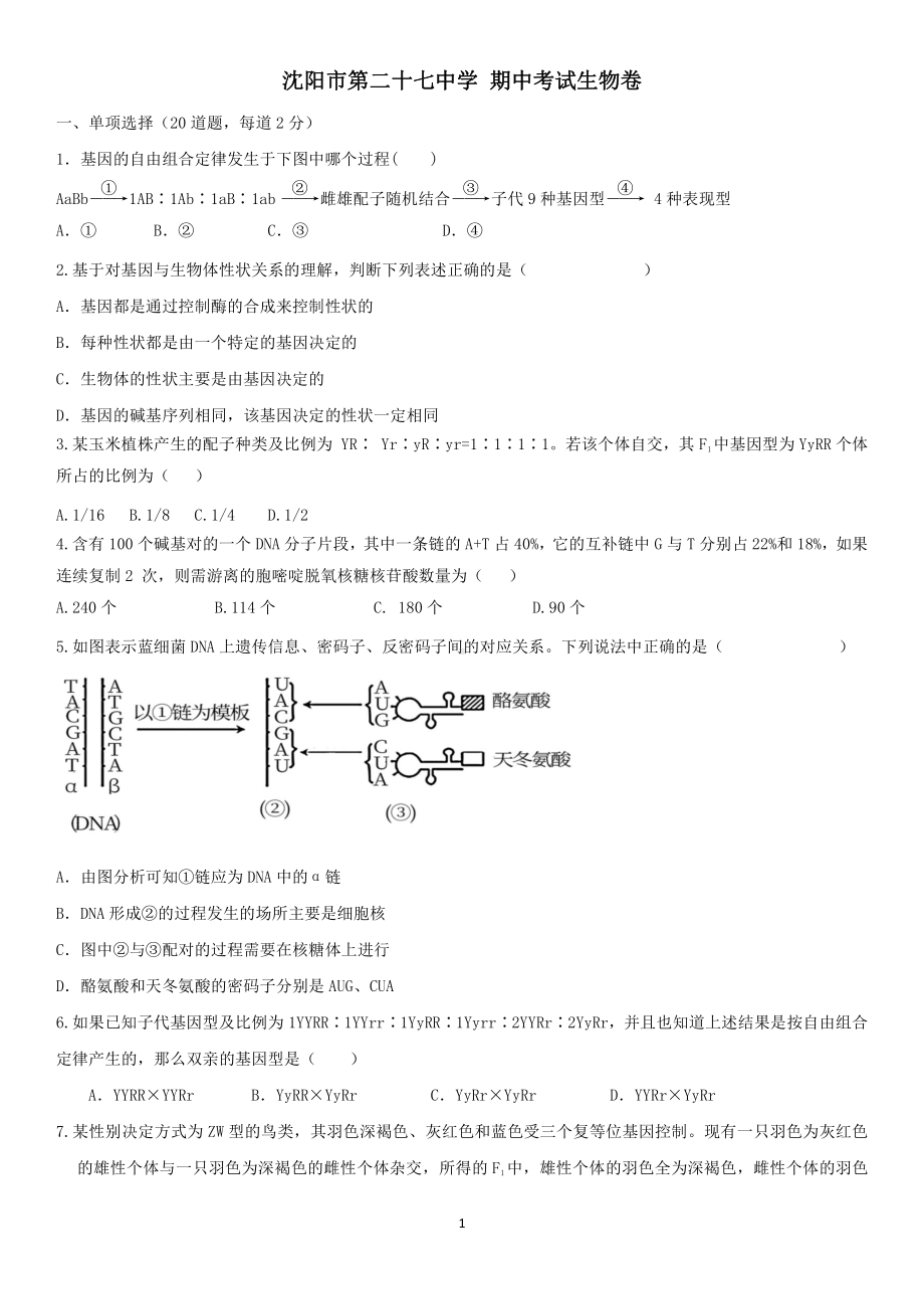 辽宁省沈阳市二十七2021-2022学年高一下学期期中生物是.pdf_第1页