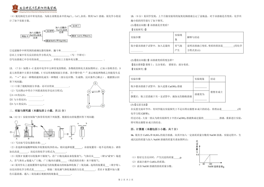 甘肃省庆阳市北京师范大学庆阳附属2020-2021学年九年级下学期第一次月考化学试卷.pdf_第2页