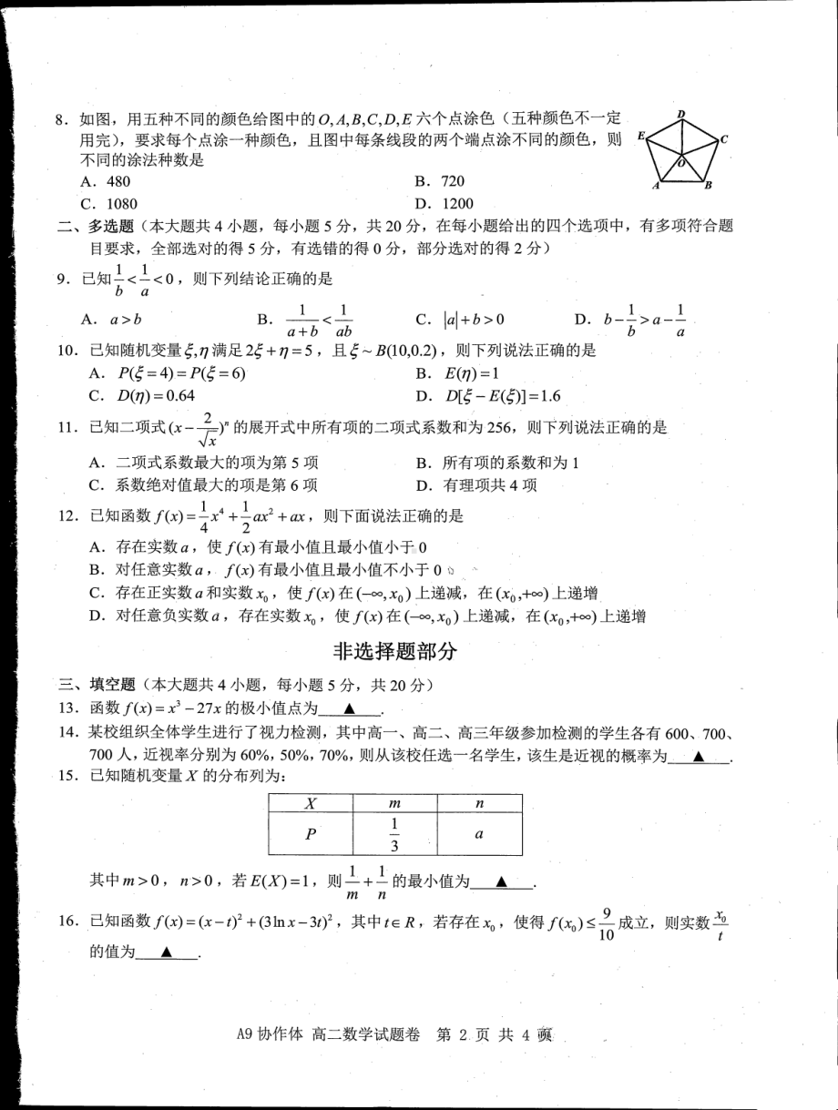 浙江省A9协作体2021-2022学年高二下学期期中联考数学试题.pdf_第2页