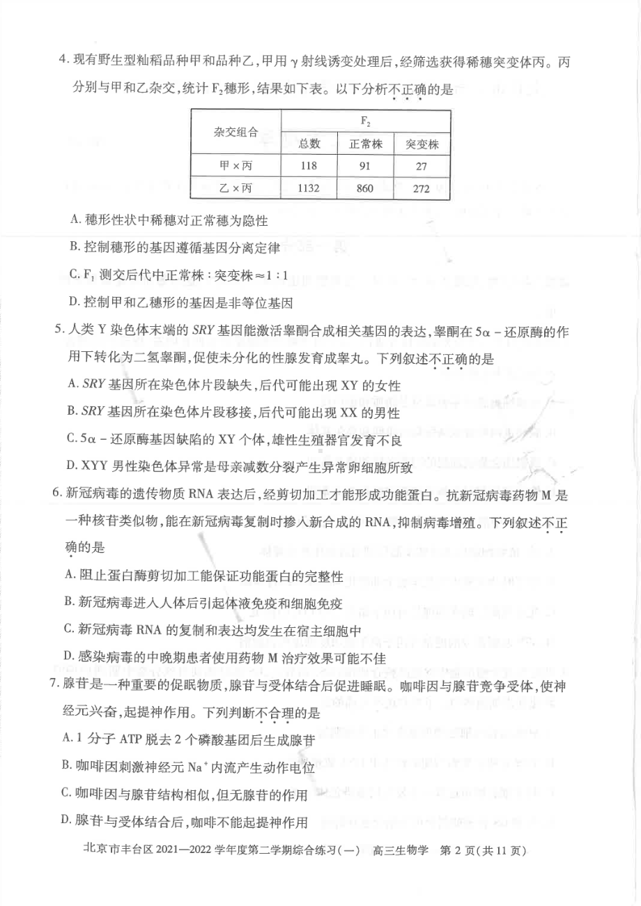 北京丰台区2022届高三生物一模试卷及答案.pdf_第2页