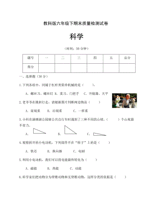 2022年新教科版六年级下册《科学》期末质量检测试卷01.docx