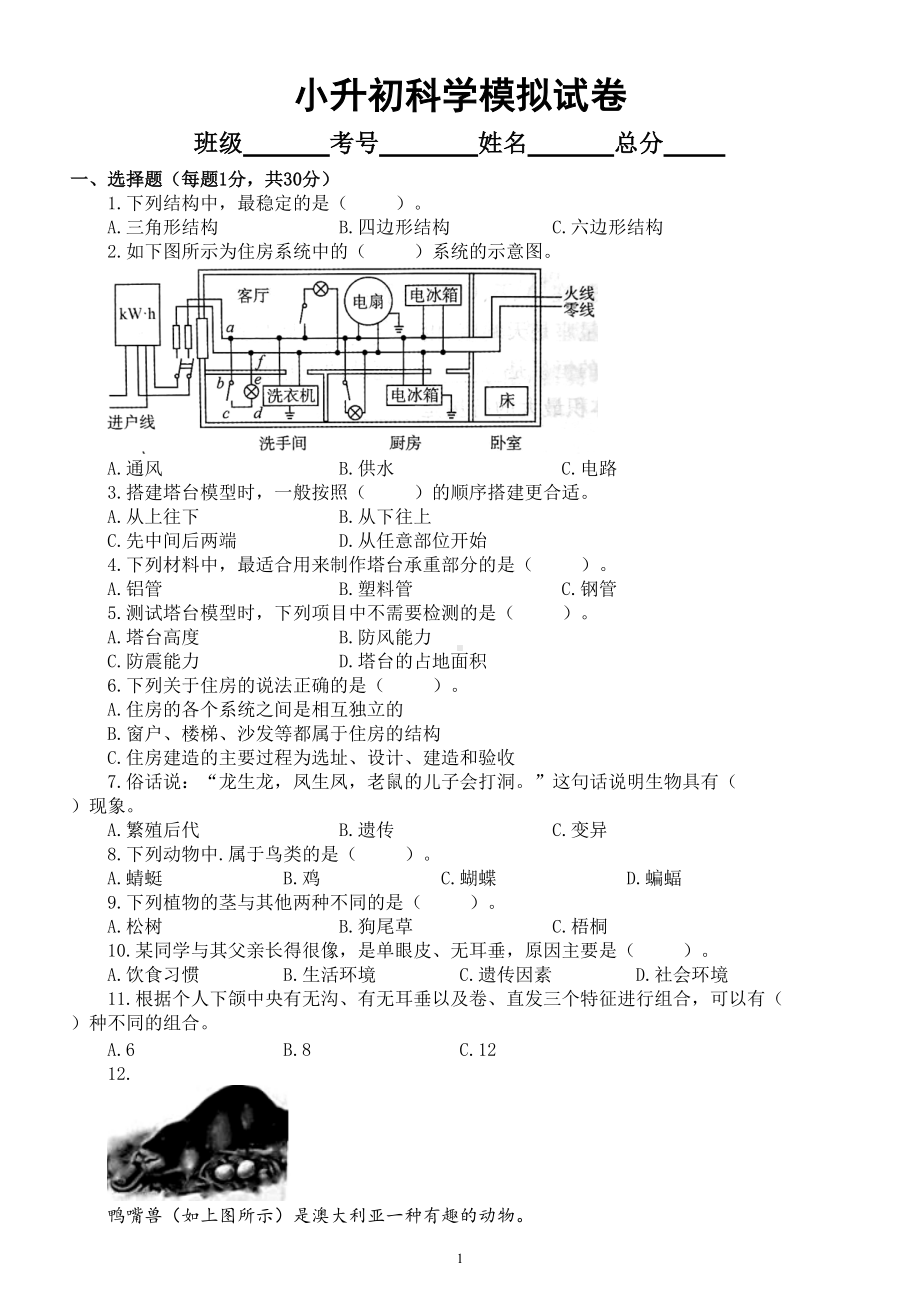 小学科学教科版小升初模拟试卷（2022新版）2（附参考答案）.doc_第1页