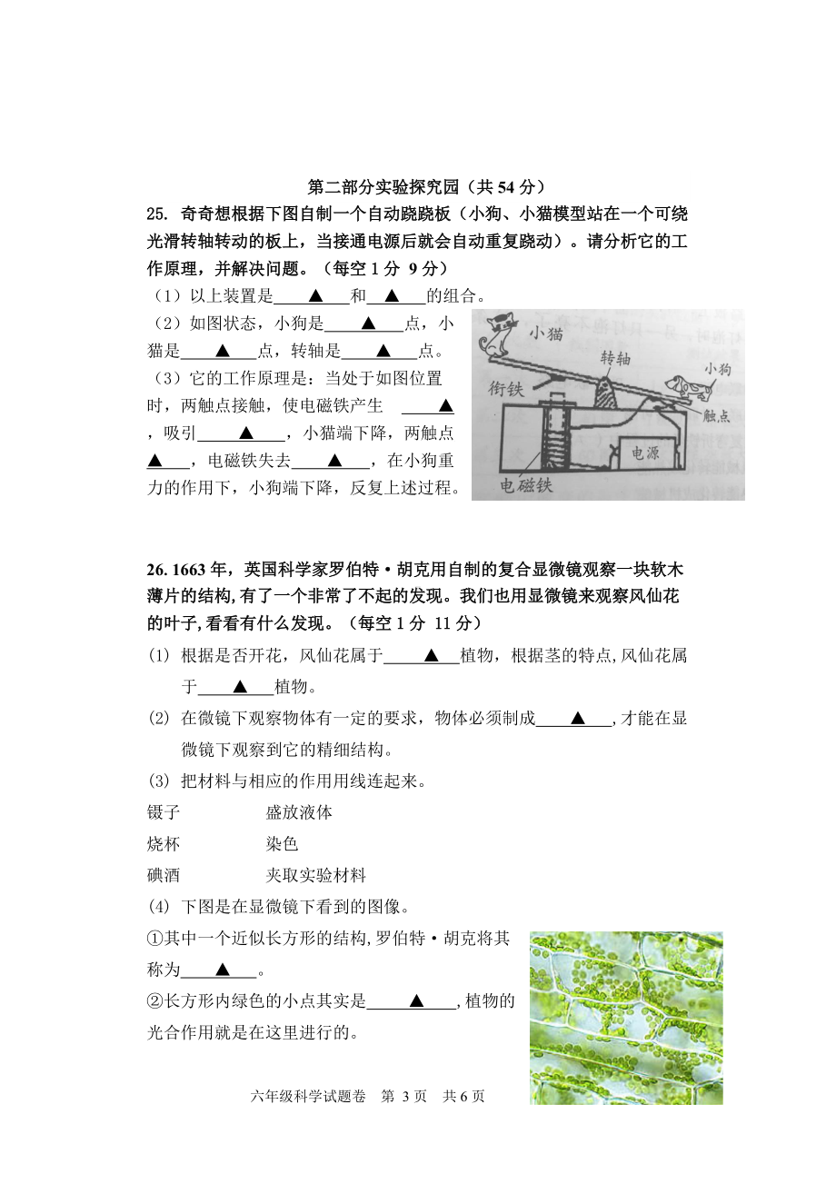 2022年新教科版六年级下册《科学》期末质量检测试卷07.doc_第3页