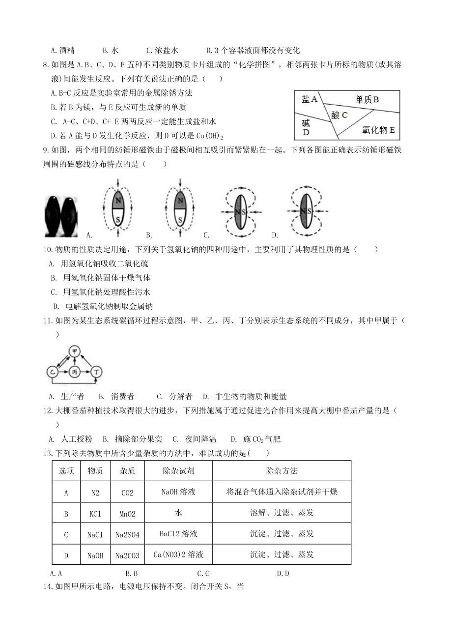 浙江省温州市2022年中考科学模拟最后冲刺卷（含答案）.docx_第2页