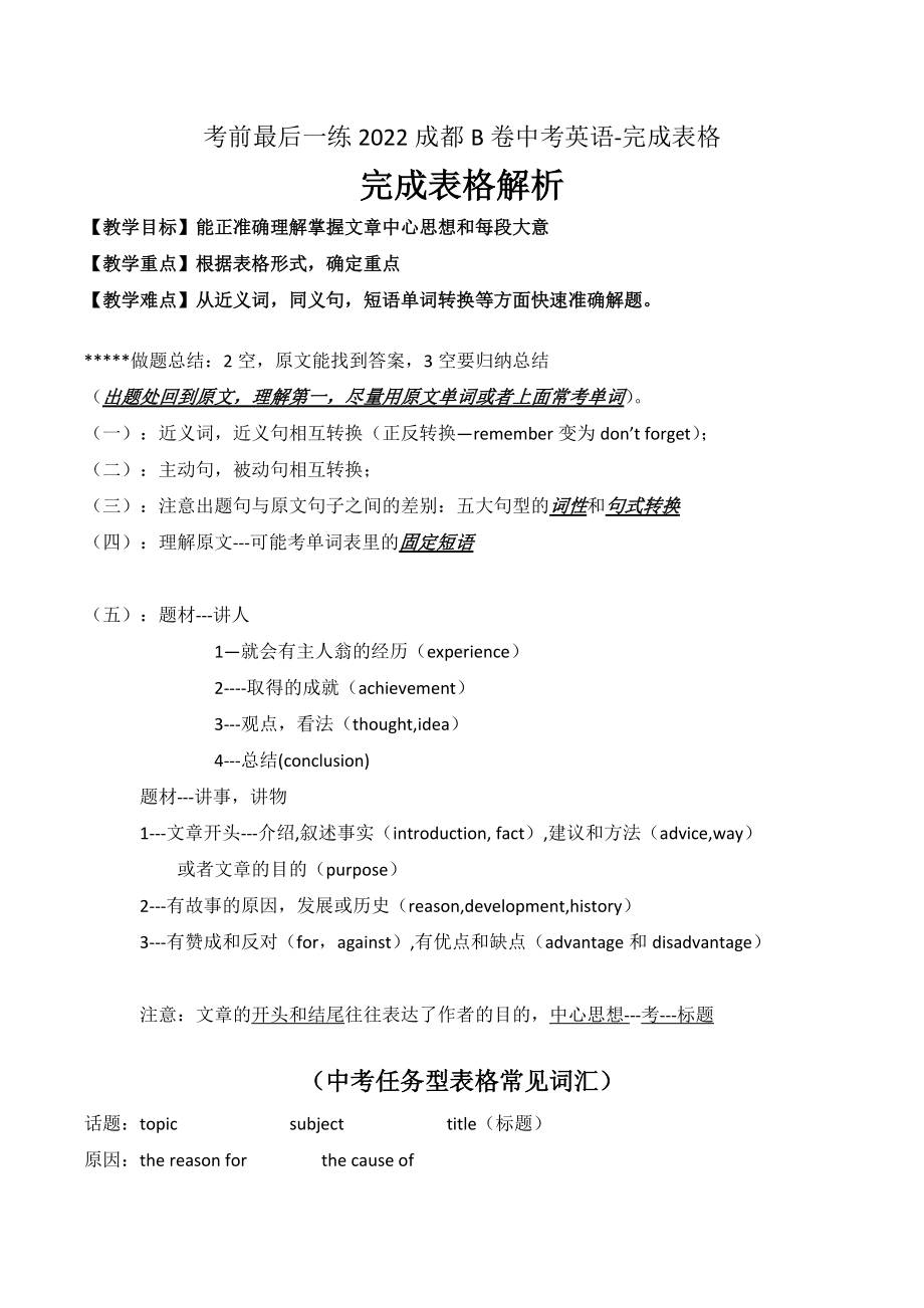 考前最后一练2022年四川省成都市B卷中考英语-完成表格.docx_第1页