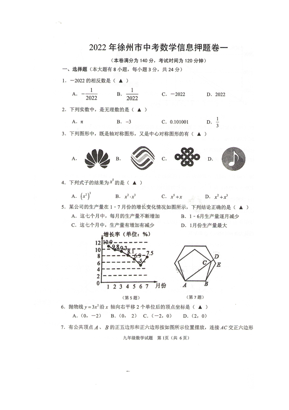 2022年江苏省徐州市中考数学信息押题卷 .pdf_第1页