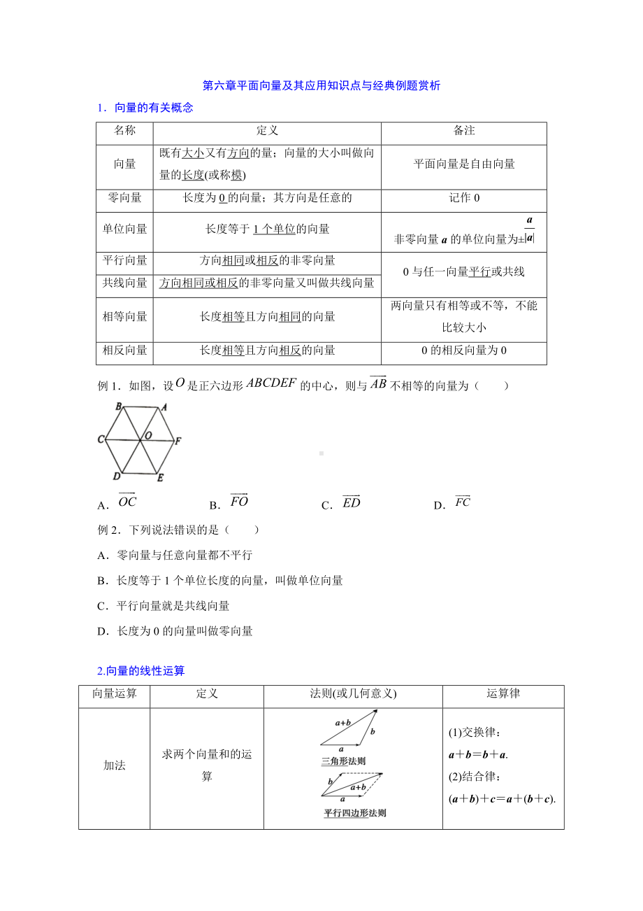 第六章 平面向量及其应用 讲义（知识点与经典例题赏析） 高一升高二数学暑假复习-新人教A版（2019）高中数学必修第二册高一下学期.doc_第1页