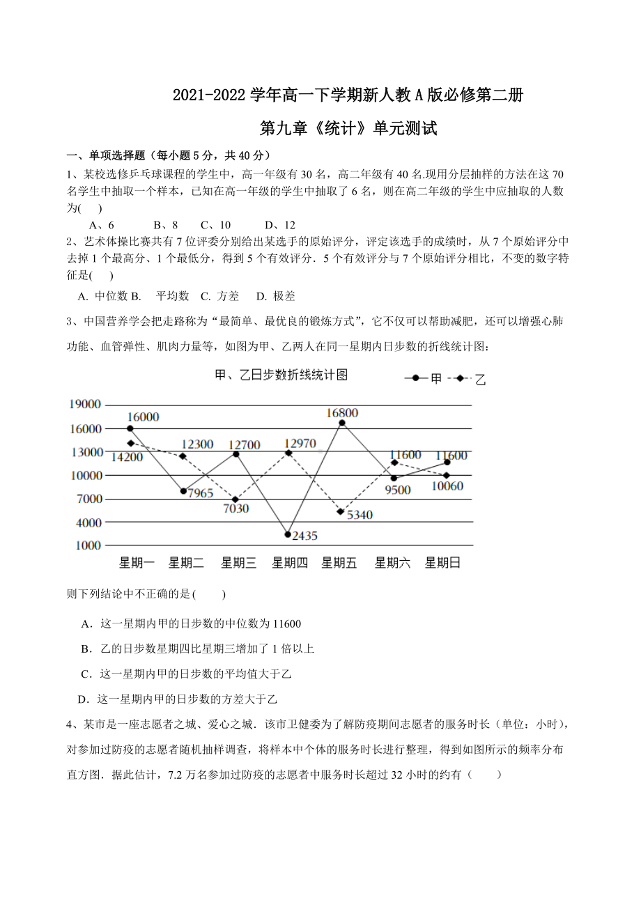 第九章统计单元测试-新人教A版（2019）高中数学必修第二册高一下学期.docx_第1页