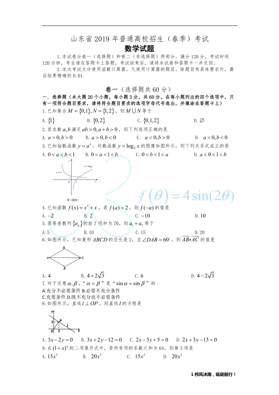 2019年山东省春季高考数学试卷.docx_第1页