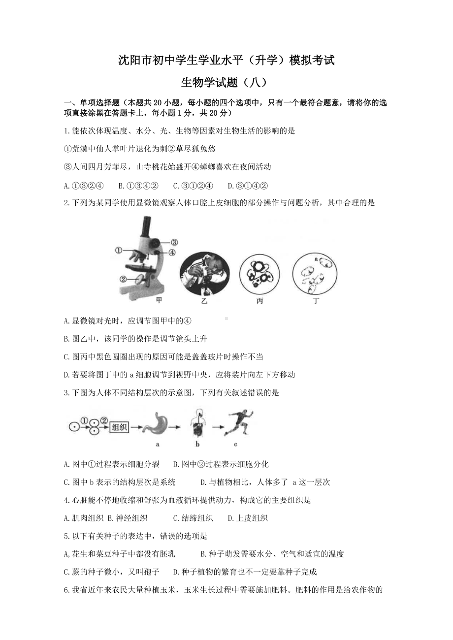 2022年辽宁省沈阳市八年级生物中考最后十套模拟测试题（八）.docx_第1页