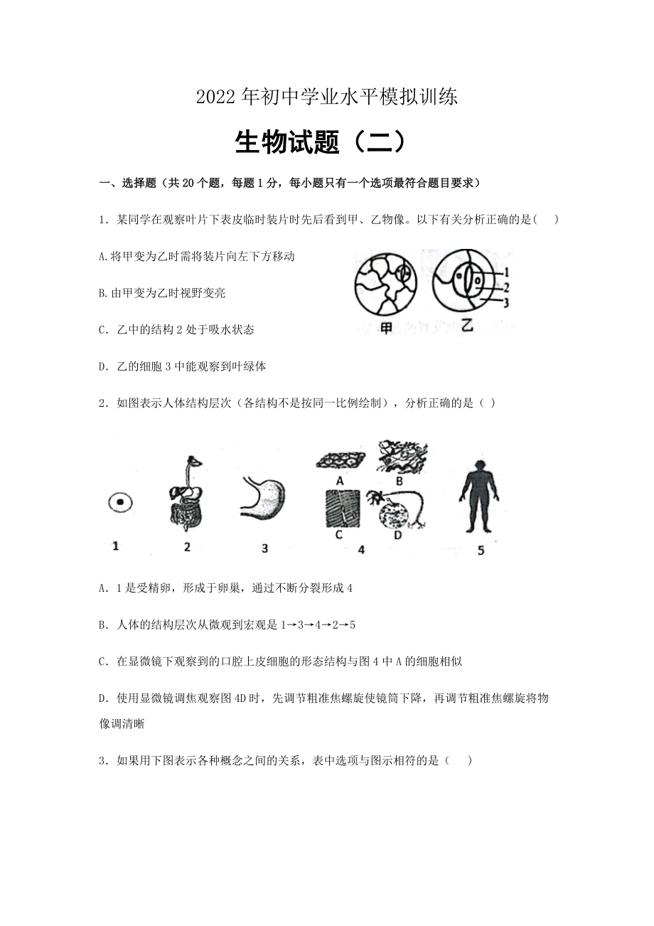 2022年山东省菏泽市六校联考二模生物试题（含答案）.docx_第1页