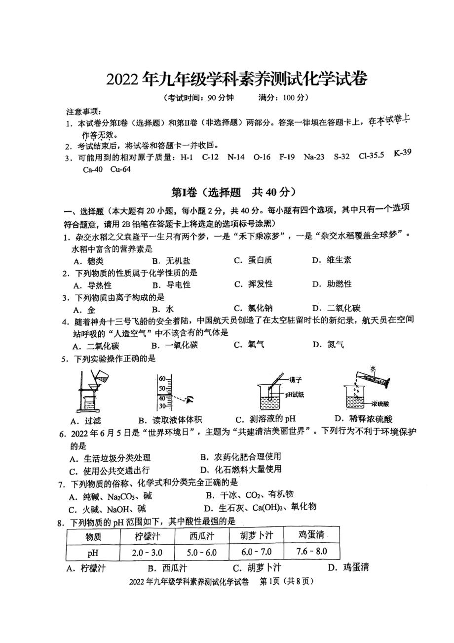 2022年广西南宁市第十四 学科素养测试化学试卷.pdf_第1页