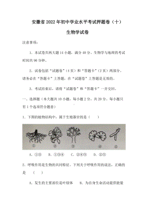 2022年安徽省初中学业水平考试押题卷（十） 生物试卷（含答案）.docx