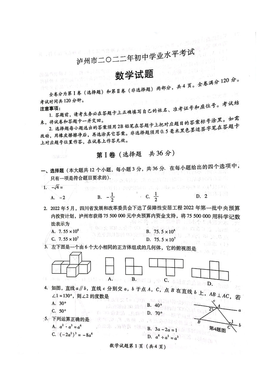 2022年四川省泸州市中考数学真题.pdf_第1页