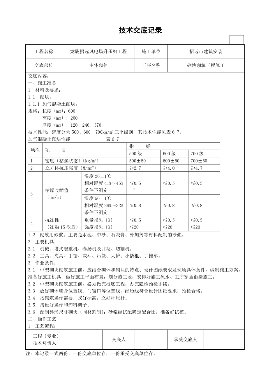 XX风电场升压站工程砌块砌筑施工技术交底（Word版）.doc_第1页