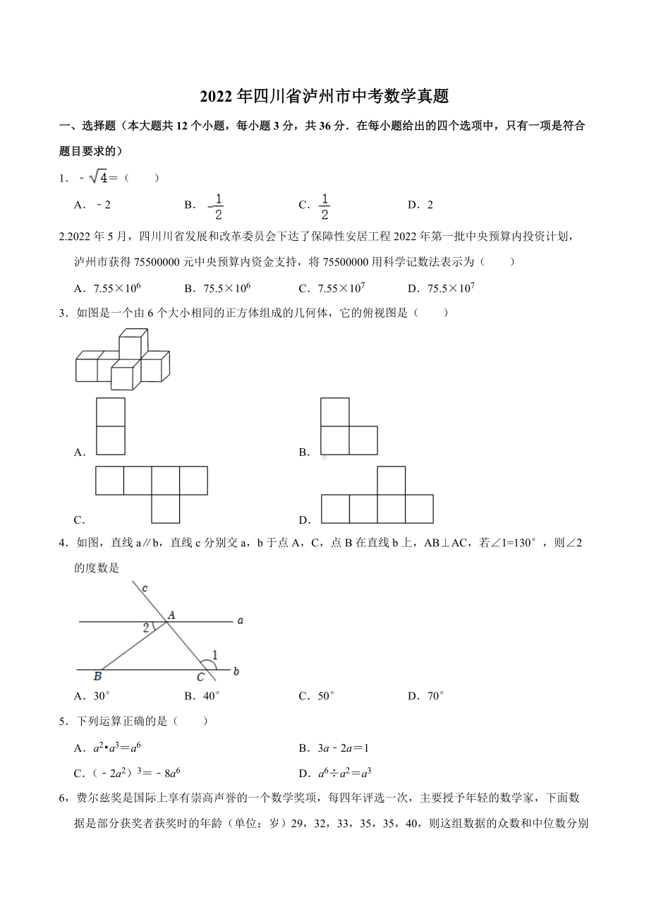 2022年四川省泸州市中考数学真题.docx_第1页