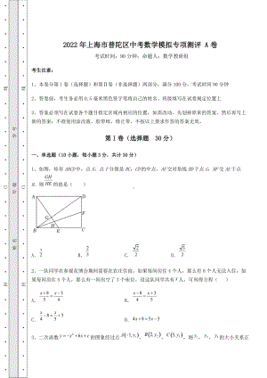 [中考专题]2022年上海市普陀区中考数学模拟专项测评-A卷(含详解).docx