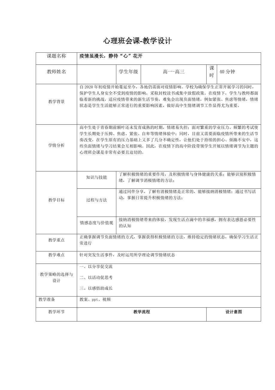 疫情虽漫长静待“心”花开+ppt课件+教案（含视频）-2022年高中心理健康主题班会.zip