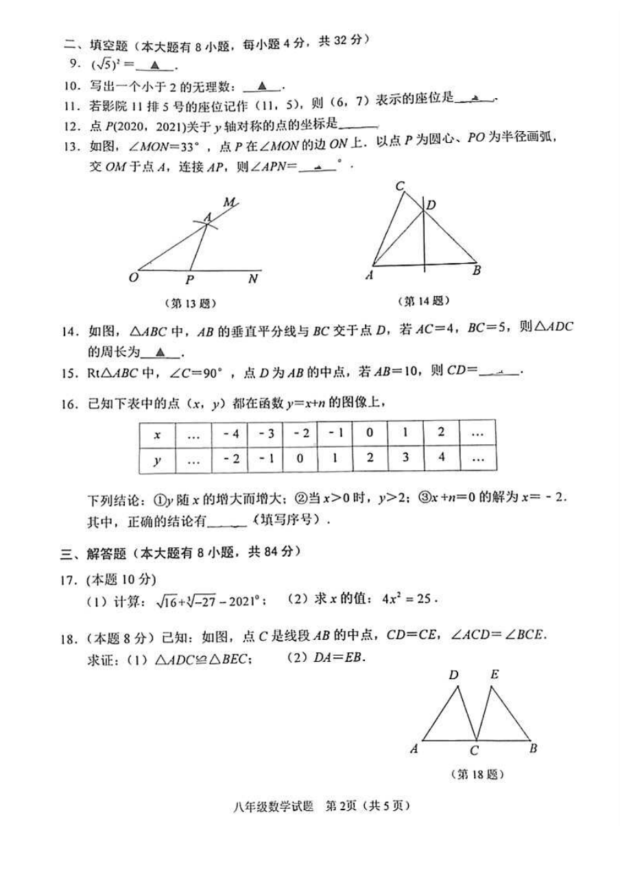 江苏省徐州市睢宁县2020～2021学年八年级上学期数学期末试题.pdf_第2页