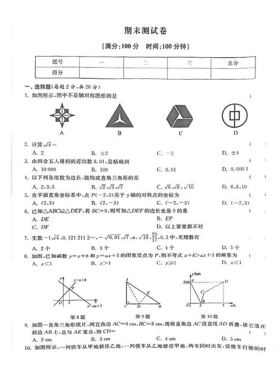 江苏省南京市部分学校2020-2021学年八年级上学期数学期末试题.pdf_第1页