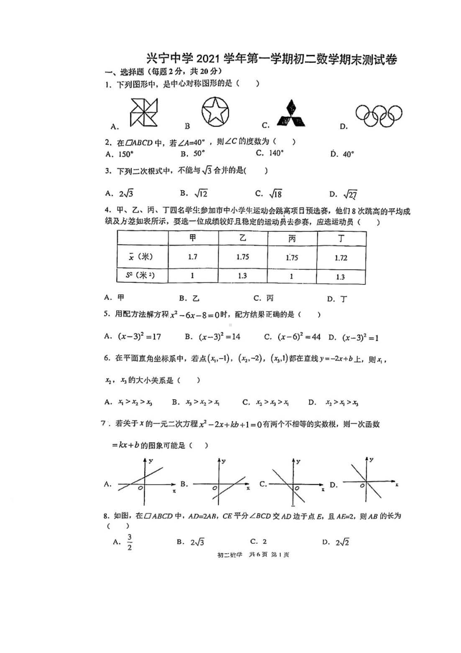 浙江省宁波市兴宁 2021—2022学年八年级上学期期末考试数学试题.pdf_第1页