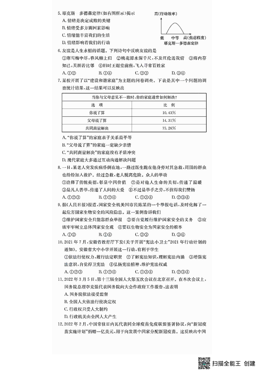 2022年安徽省中考道德与法治真题试卷.pdf_第2页