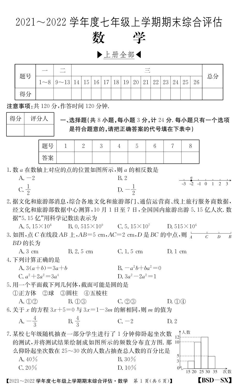 陕西省咸阳市礼泉县2021-2022学年七年级上学期期末综合评估数学试题.pdf_第1页