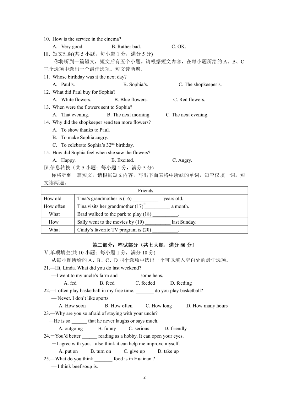 安徽省淮南市2020-2021学年八年级英语上学期期末测试卷.pdf_第2页