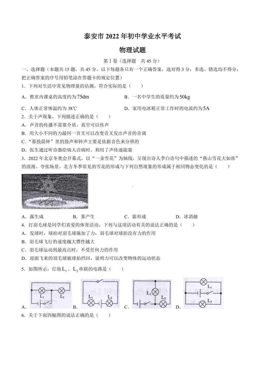 （真题）2022年山东省泰安市中考物理真题（Word版无答案）.docx_第1页