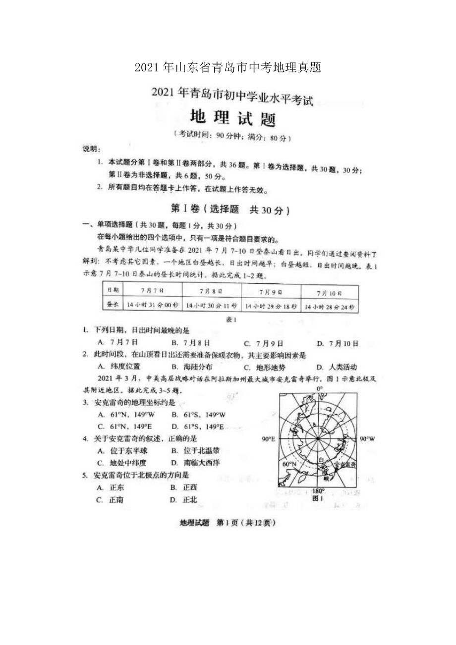 2021年山东省青岛市中考地理真题.pdf_第1页