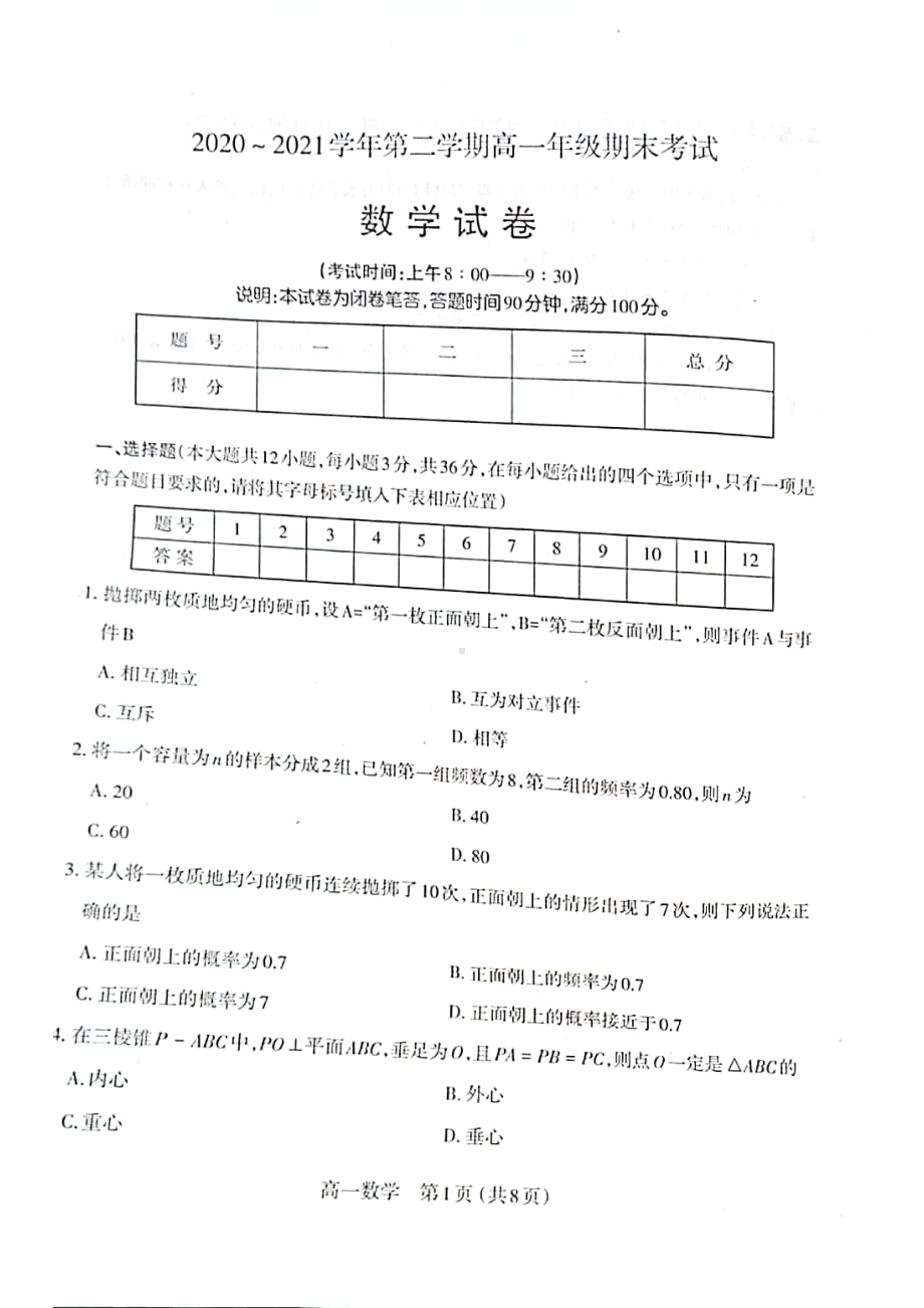 山西省太原市2020-2021学年高一下学期期末考试数学试卷.pdf_第1页