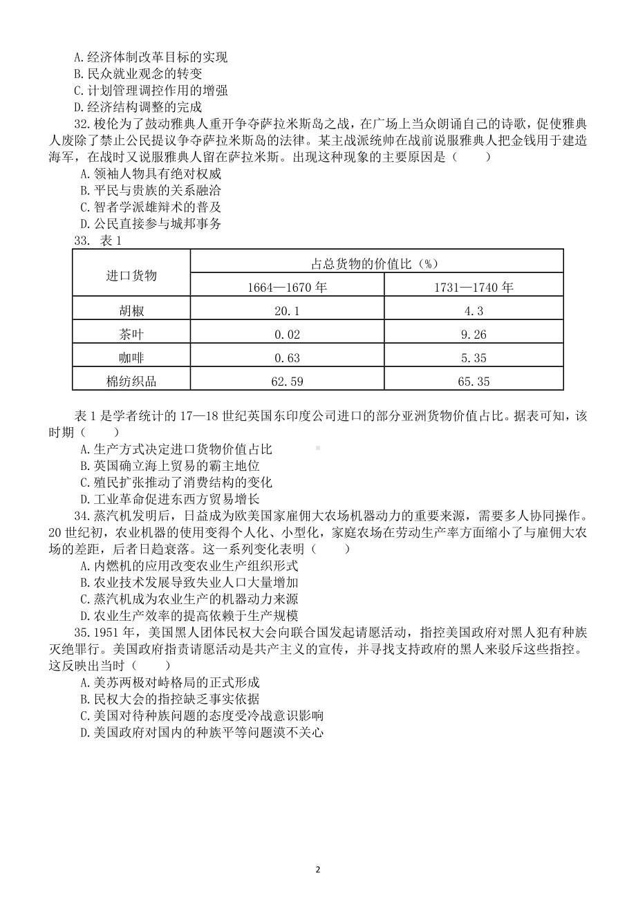 高中历史2022年高考选择题真题练习（全国甲卷+乙卷+湖南卷）（附参考答案和深度解析）.doc_第2页