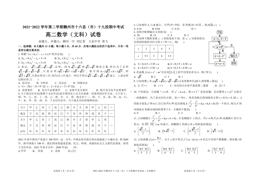 江西省赣州市十六县（市）十九校2021-2022学年高二下学期期中考试文科数学试卷.pdf_第1页