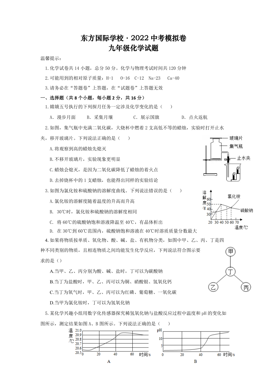 2022年山东省枣庄东方国际中考模拟化学试卷.docx_第1页