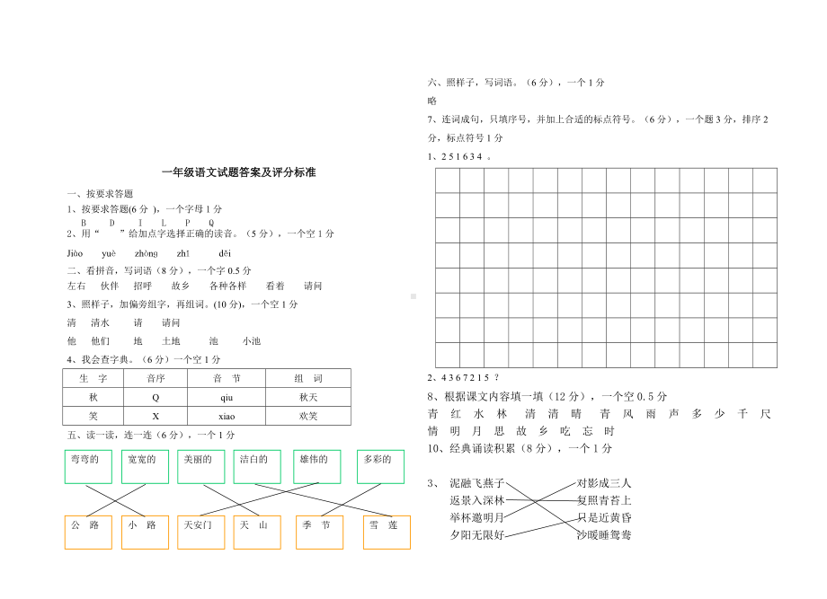 部编人教版一年级语文下册2020-2021学年度第二学期期中测试题(有答案).doc_第3页